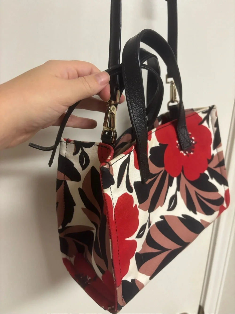 Floral Print Red Canvas Tote with Removable Strap